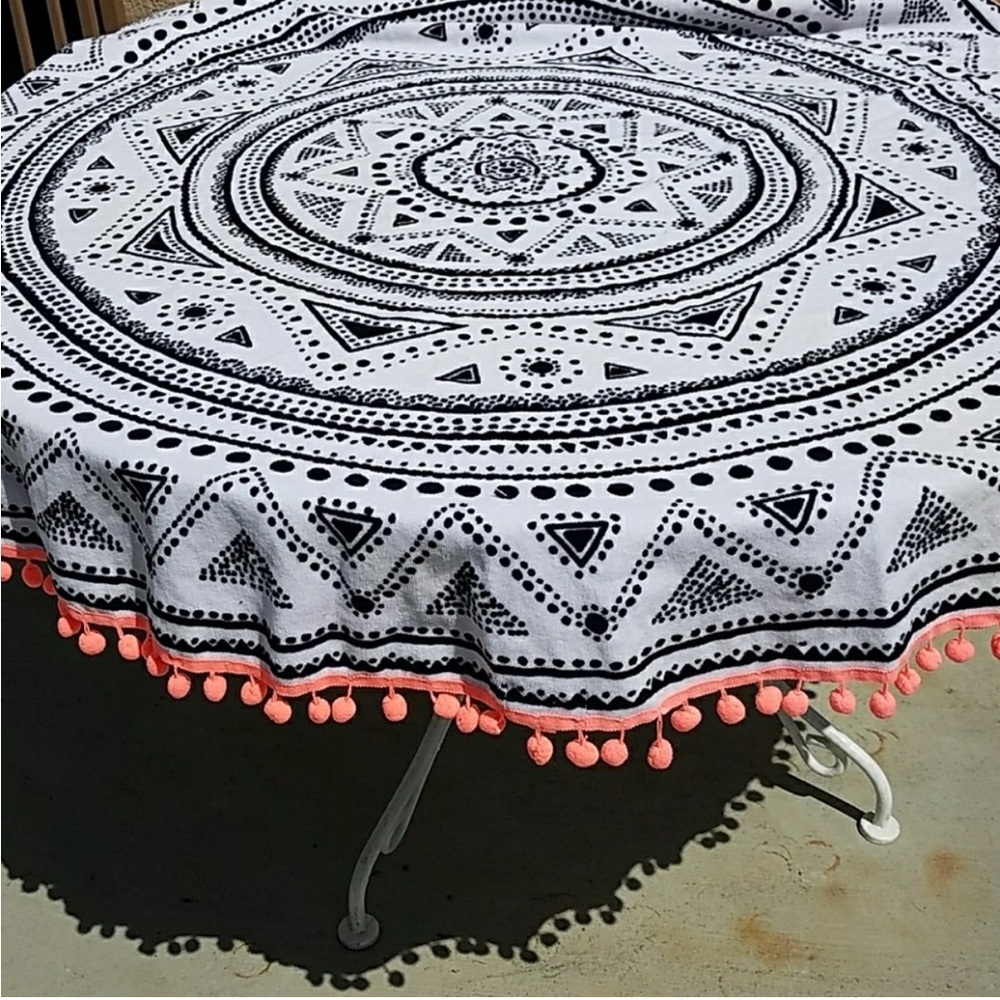 Cotton On 51” Bohemian Black and White Mandala with Pink Accents beach towel